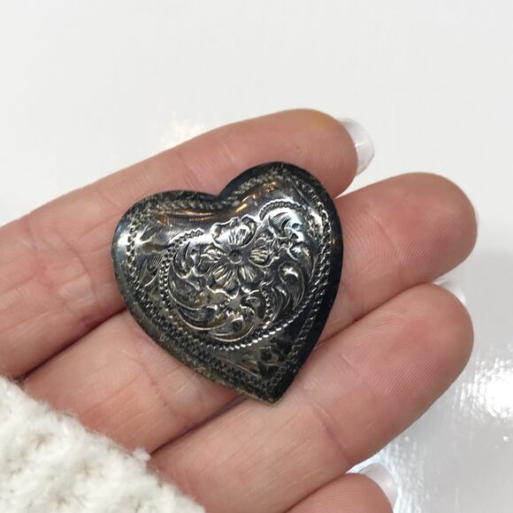 Vintage 214 FLEMING Mexico 925 Sterling Silver Engraved Etched Heart Pin Brooch - Picture 6 of 8